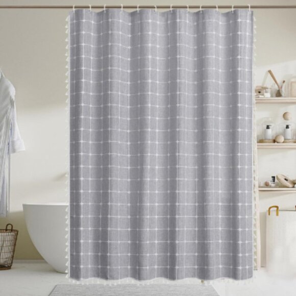 Farmhouse Shower Curtain 72 x 71.5 Gray Linen Boho Large White Check Fringe NEW - Picture 4 of 14